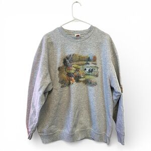 Vintage 90’s/Y2K Gray Fall Farm Scene Graphic Crewneck Sweater XL Unisex